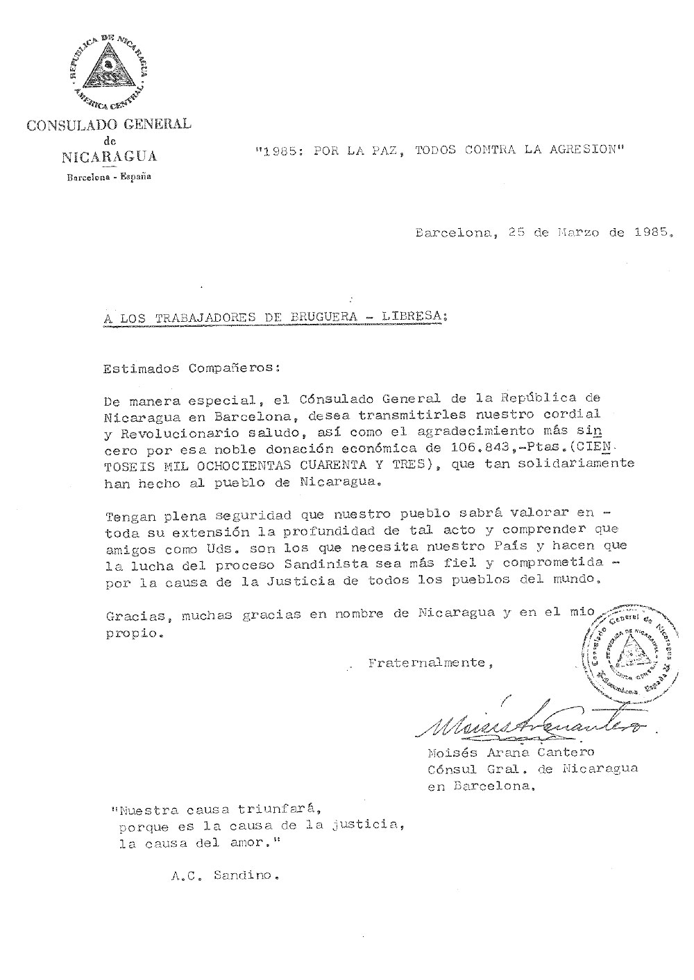 Agraïment del consulat de Nicaragua